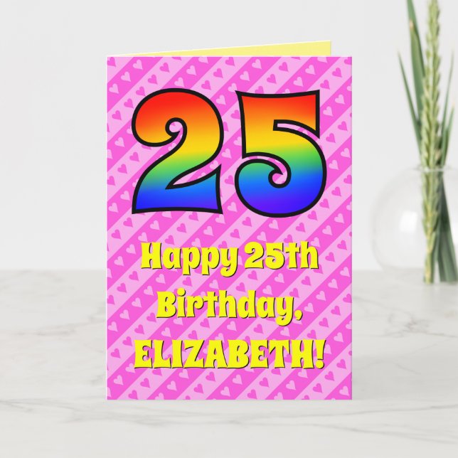 Carte 25e anniversaire : Pink Stripes & Hearts, Arc-en-c (Devant)