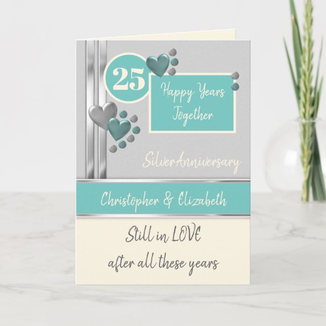 Carte 25e anniversaire Silver 25 ans crème turquoise (Devant)