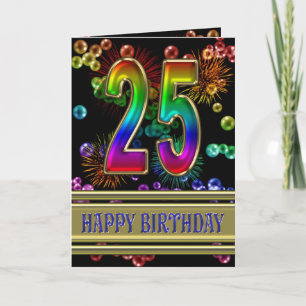 Carte 25ème anniversaire avec bulles arc-en-ciel et feux