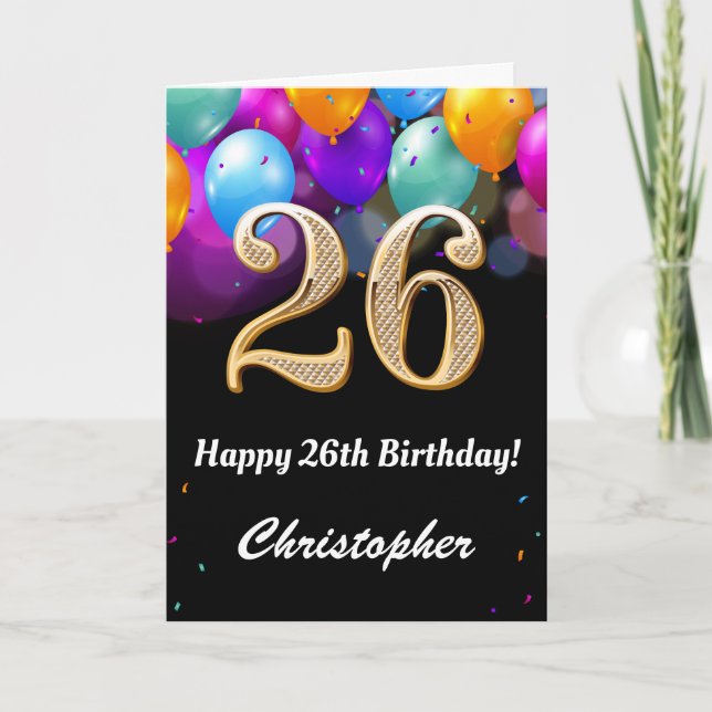Carte 26e anniversaire Ballons noirs et dorés (Devant)