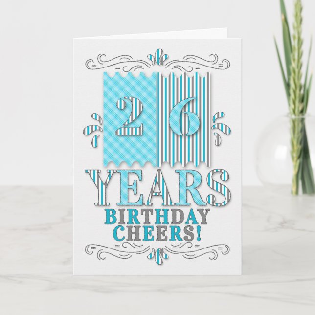 Carte 26e anniversaire en Bleu et Argent rayures et Plai (Devant)