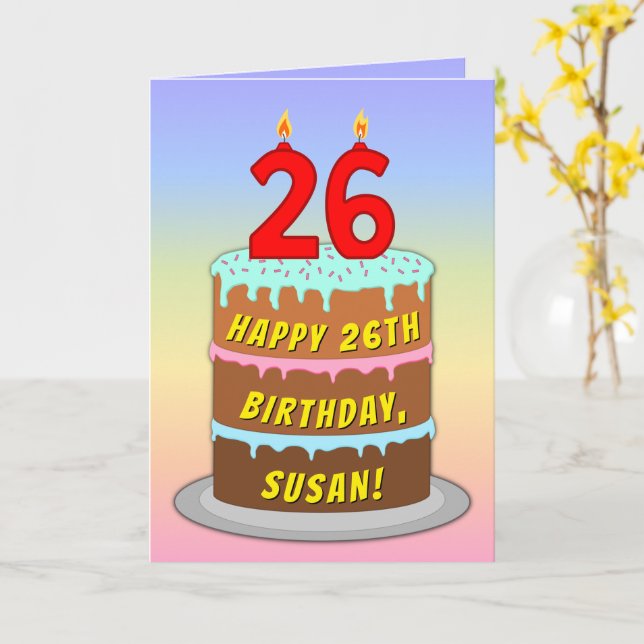 Carte 26e anniversaire — Fun Cake & Candles, avec nom pe (Fleur jaune)