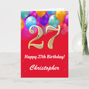 Carte 27e anniversaire Ballons rouges et dorés