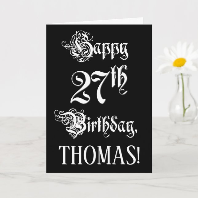 Carte 27e anniversaire : fantaisie, élégant script + Nom (Petite plante)