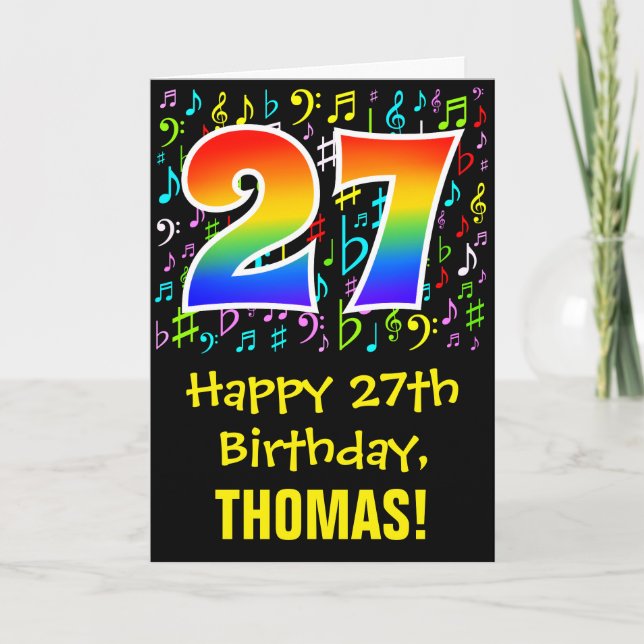 Carte 27e anniversaire : Symboles de musique colorée + A (Devant)