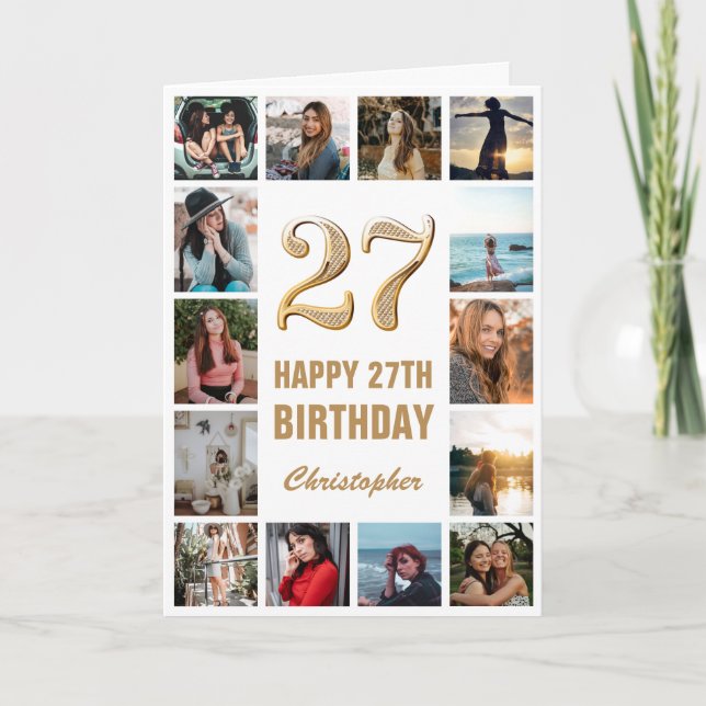 Carte 27e Joyeux Anniversaire Collage photo d'or et blan (Devant)