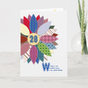 Carte 28 ans, anniversaire de fleur cousue