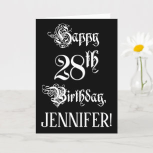 Carte 28e anniversaire : fantaisie, élégant script + Nom