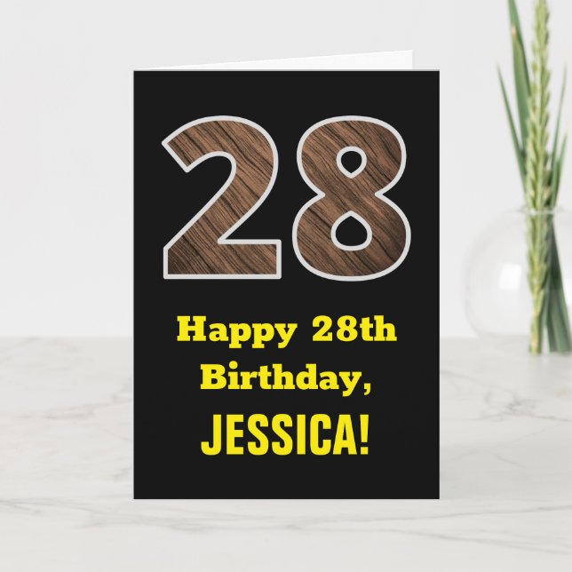 Carte 28e anniversaire : Nom, Motif Faux Wood Grain "28" (Devant)