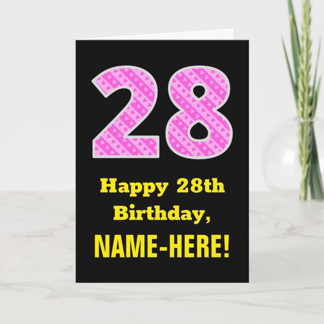 Carte 28e anniversaire : Pink Stripes and Hearts "28" +  (Devant)