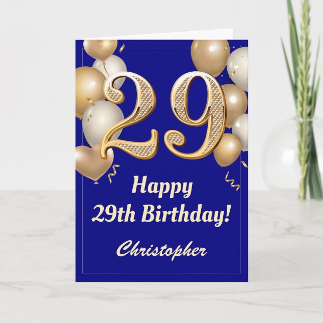 Carte 29e anniversaire Marine Bleu et Ballons d'or Confe (Devant)