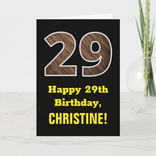 Carte 29e anniversaire : Nom, Motif Faux Wood Grain "29" (Devant)