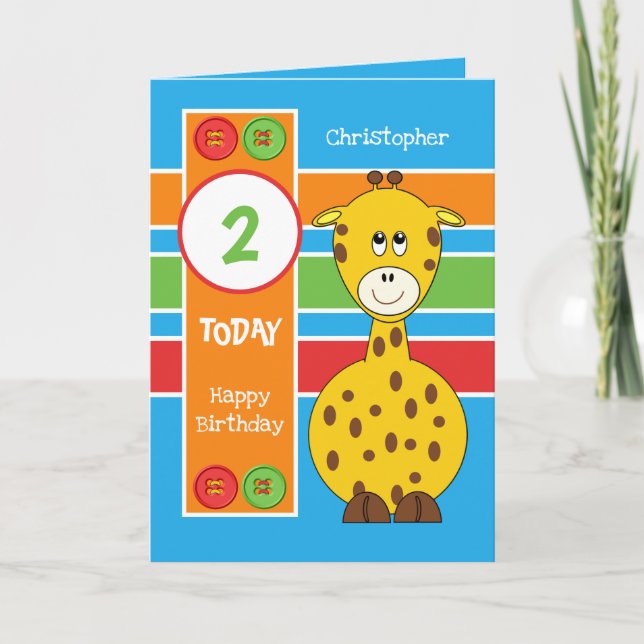 Carte 2 ans tout âge girafe anniversaire de enfant bleu (Devant)
