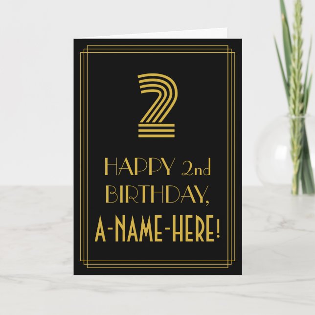 Carte 2e anniversaire : Art Déco Inspiré Look "2" & Nom (Devant)