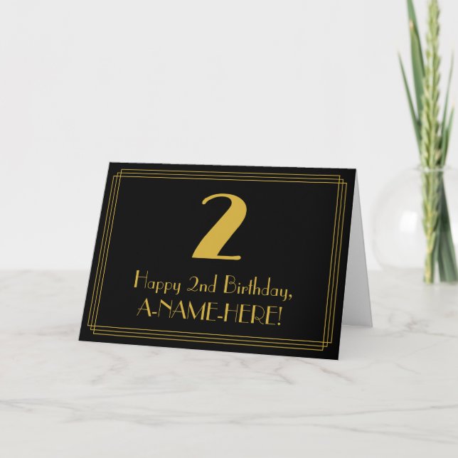 Carte 2e anniversaire : Art Déco Inspiré Look "2" + Nom (Devant)