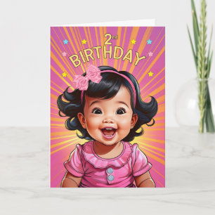 Carte 2e anniversaire Asiatique Baby Girl in Pink Comic 
