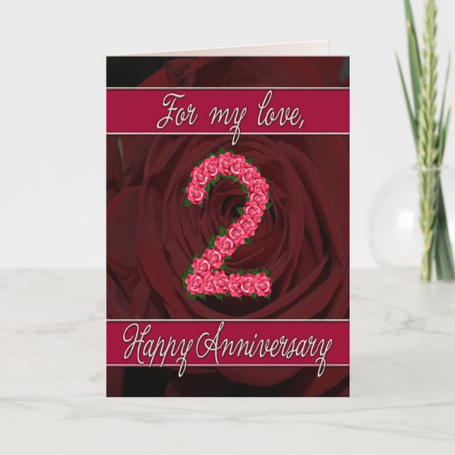Carte 2e anniversaire avec roses et feuille (Devant)