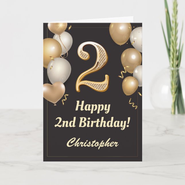Carte 2e anniversaire Ballons Noir et Or Confetti (Devant)