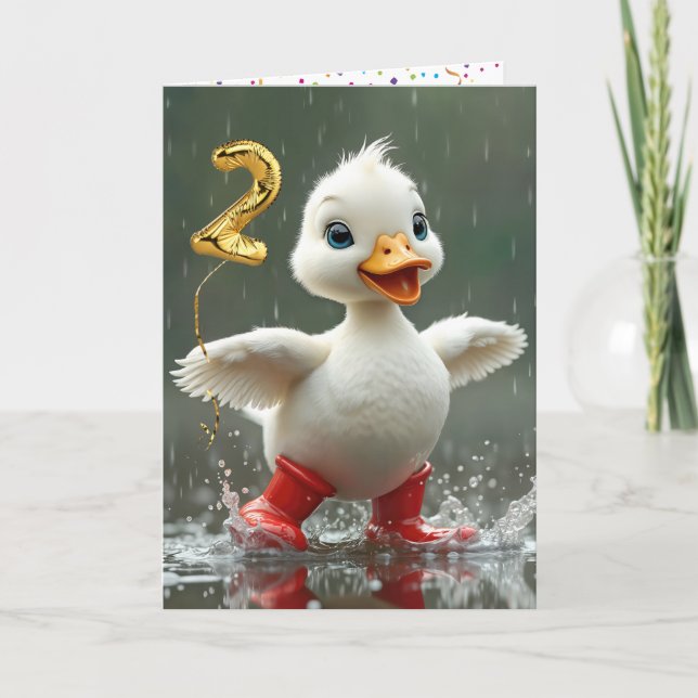 Carte 2e anniversaire Canard blanc dans une flaque de pl (Devant)