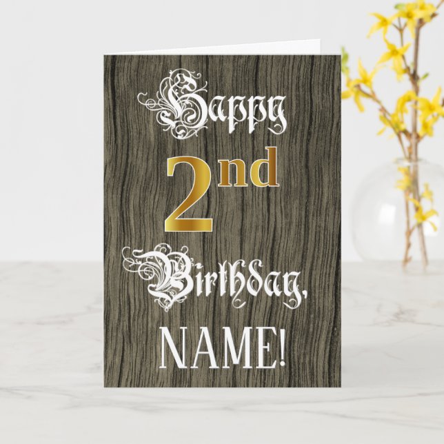 Carte 2e anniversaire : Faux Gold Look + Faux Wood Motif (Fleur jaune)