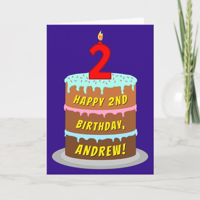 Carte 2e anniversaire : Fun Cake and Candle + Nom person (Devant)