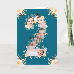 Carte 2e anniversaire Photo Collage bleu Fleur jaune Tur