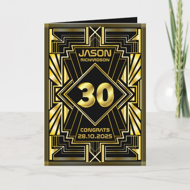 Carte 30e anniversaire Art Déco Gold Black Great Gatsby (Devant)