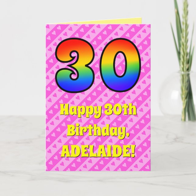 Carte 30e anniversaire : Pink Stripes & Hearts, Arc en c (Devant)