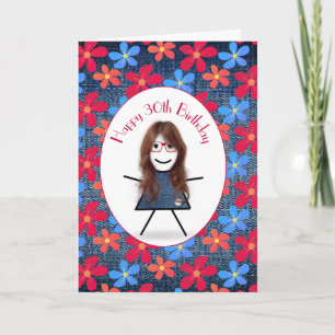 Carte 30e Anniversaire Stick Girl and Daisies On Denim