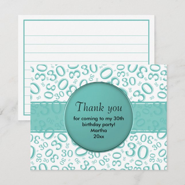Carte 30e anniversaire : Turquoise/Motif numérique blanc (Devant / Derrière)