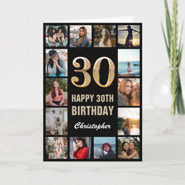 Carte 30e Joyeux Anniversaire Black and Gold Photo Colla (Devant)