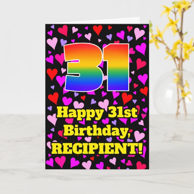 Carte 31e anniversaire : Amour Hearts Motif, Arc-en-ciel (Fleur jaune)