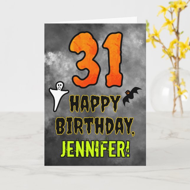 Carte 31e anniversaire : Eerie Halloween Thème + Nom per (Fleur jaune)