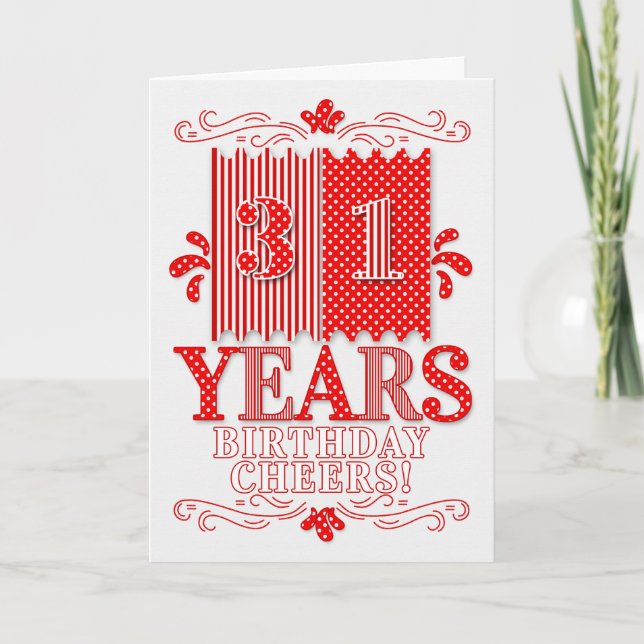 Carte 31e anniversaire Pois et rayures rouges et blancs (Devant)