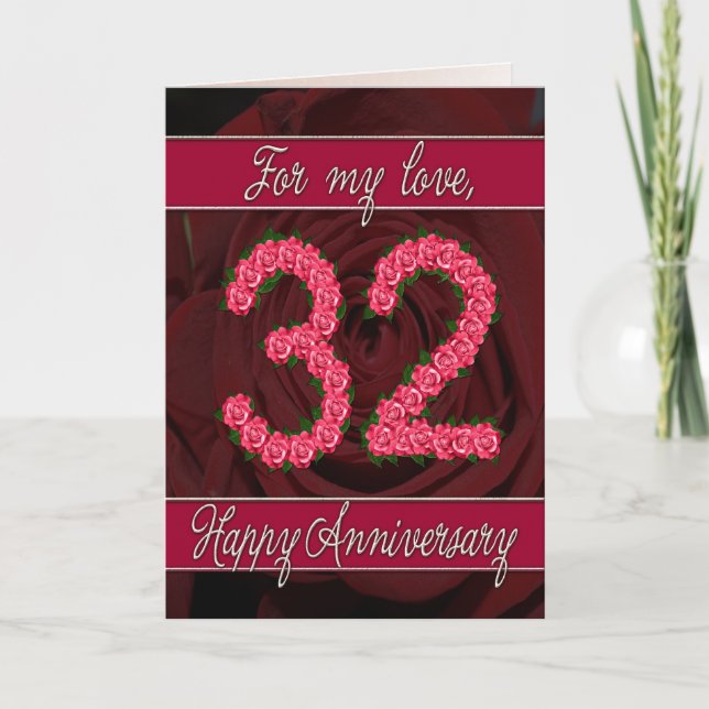 Carte 32e anniversaire avec rose et feuille (Devant)