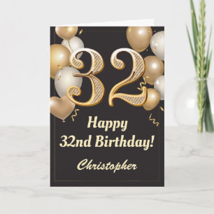Carte 32e anniversaire Ballons Noir et Or Confetti