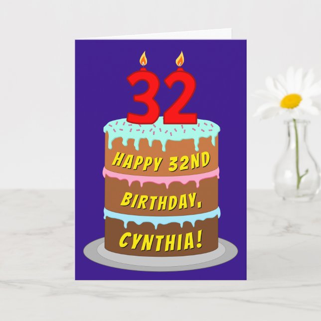 Carte 32e anniversaire : Fun Cake and Candles + Nom pers (Petite plante)