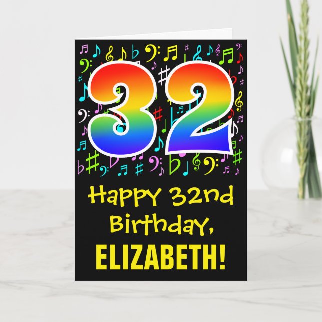 Carte 32e anniversaire : Symboles de musique colorée + A (Devant)