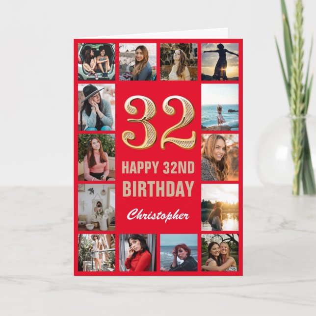 Carte 32e Joyeux Anniversaire Collage photo rouge et or (Devant)