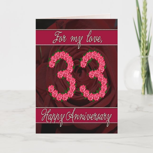 Carte 33e anniversaire avec rose et feuille (Devant)