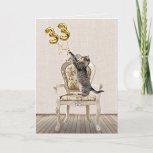 Carte 33e anniversaire Ballons et Tabby Cat