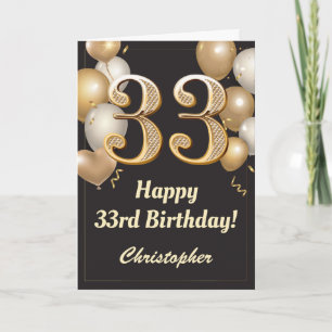 Carte 33e anniversaire Ballons Noir et Or Confetti