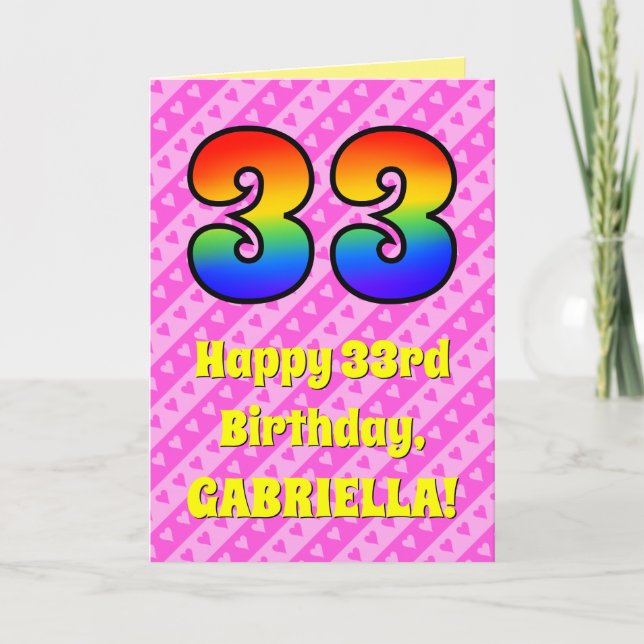 Carte 33e anniversaire : Pink Stripes & Hearts, Arc-en-c (Devant)