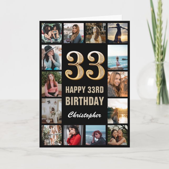 Carte 33e Joyeux Anniversaire Black and Gold Photo Colla (Devant)