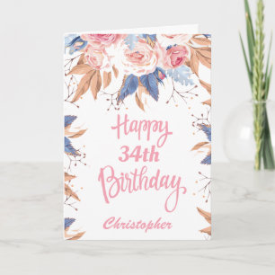 Carte 34e anniversaire Aquarelle Botanique Rose Floral