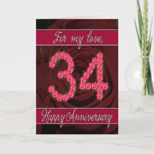 Carte 34e anniversaire avec rose et feuille