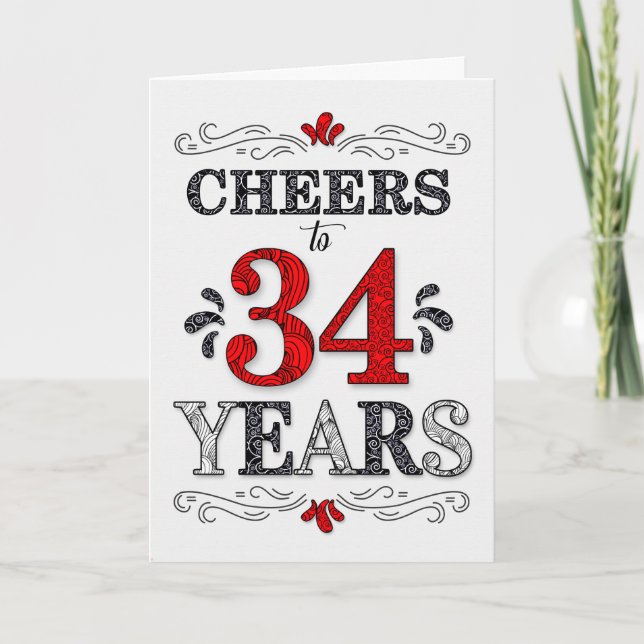 Carte 34e anniversaire Cheers en Motif noir blanc rouge (Devant)