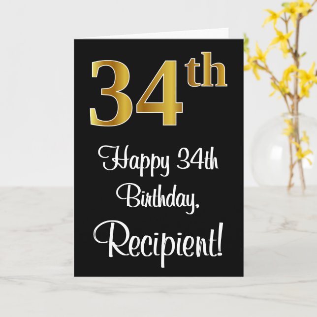 Carte 34e anniversaire ~ Elégant Luxueux Faux Gold Look  (Fleur jaune)