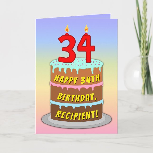 Carte 34e anniversaire — Fun Cake & Candles, avec nom pe (Devant)