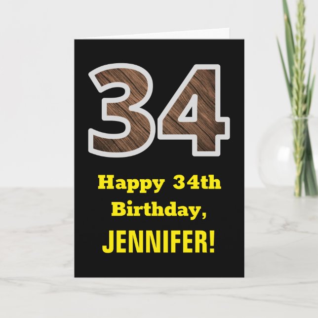 Carte 34e anniversaire : Nom, Motif Faux Wood Grain "34" (Devant)